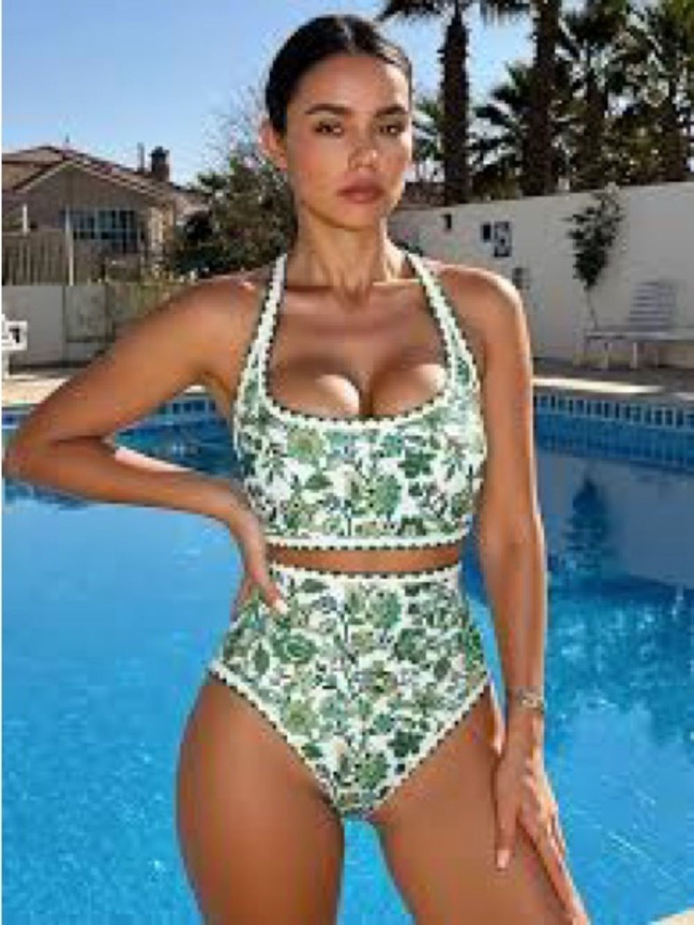Bikini Sets Floral Print Whip Stitch High Waisted Scoop